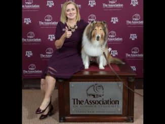 Photo of Kathryn Greenwade and Reveille from the Texas A&M Association Of Former Students at https://www.aggienetwork.com/news/157606/association-vice-president-kathryn-greenwade-88-passes-away/