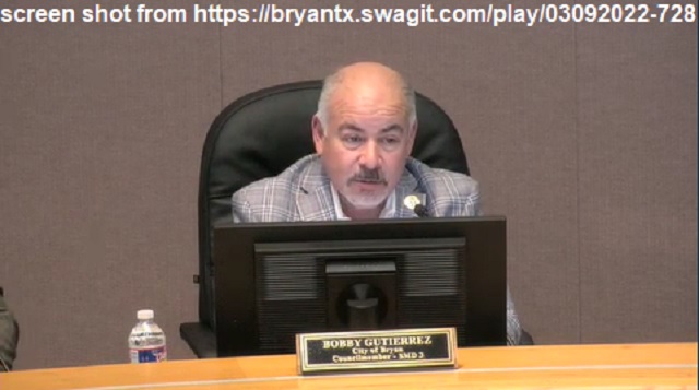 Screen shot of Bobby Gutierrez speaking at the March 8, 2022 Bryan city council meeting from https://bryantx.swagit.com/play/03092022-728