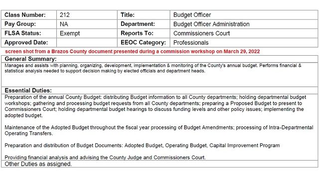 Screen shot from a Brazos County document shown during a March 29, 2022 county commission workshop.