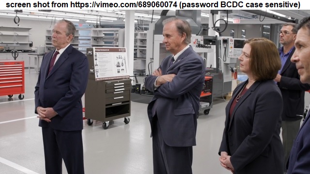 Screen shot of (L-R) former president George W. Bush, Texas A&M system chancellor John Sharp, and Texas A&M president Katherine Banks from https://vimeo.com/689060074 (password BCDC case sensitive)