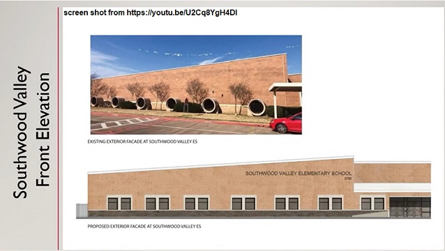 Screen shot from College Station ISD document showing the change to the exterior of the Southwood Valley elementary school building.