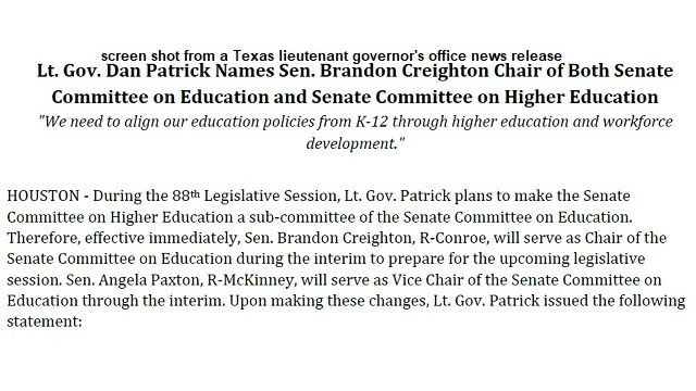 Screen shot from a Texas lieutenant governor's office news release.