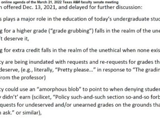 Screen shot from a document that is part of the online agenda for the March 21, 2022 Texas A&M faculty senate meeting.