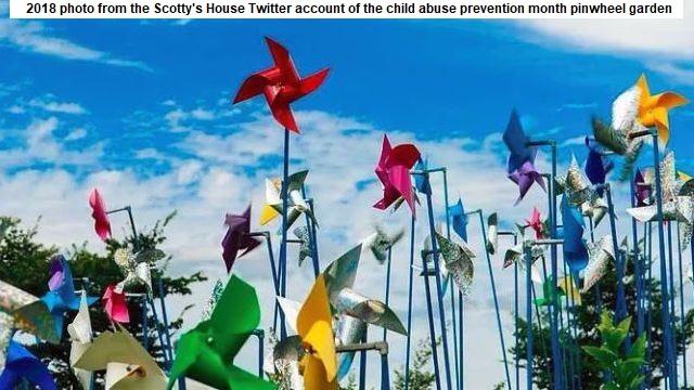 2018 photo from the Scotty's House Twitter account of the child abuse prevention month pinwheel garden.