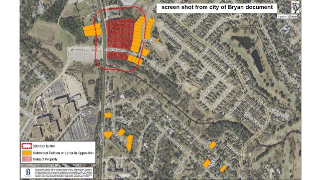 Screen shot from a city of Bryan document showing the location of protesting property owners to a proposed apartment complex across Villa Maria from Blinn College.