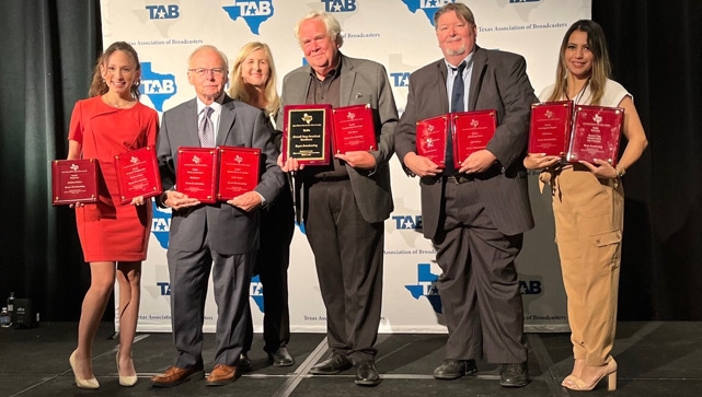 Representing Bryan Broadcasting at the Texas Association of Broadcasters news awards banquet on April 9, 2022 were (L-R) Daniela Flores, Scott DeLucia, Lillie Downs, Ben Downs, Bill Oliver, and Ana Castrejon.