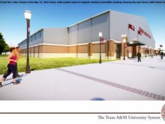 Screen shot from the video stream of the May 18, 2022 Texas A&M system board of regents building committee meeting showing the rendering of the new Texas A&M indoor track building.