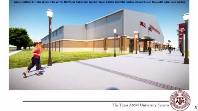 Screen shot from the video stream of the May 18, 2022 Texas A&M system board of regents building committee meeting showing the rendering of the new Texas A&M indoor track building.