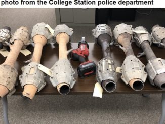 Image from the College Station police department's Twitter feed of eight catalytic converters being recovered during an arrest on May 28, 2022.