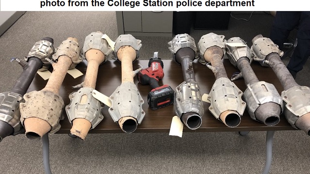 Image from the College Station police department's Twitter feed of eight catalytic converters being recovered during an arrest on May 28, 2022.