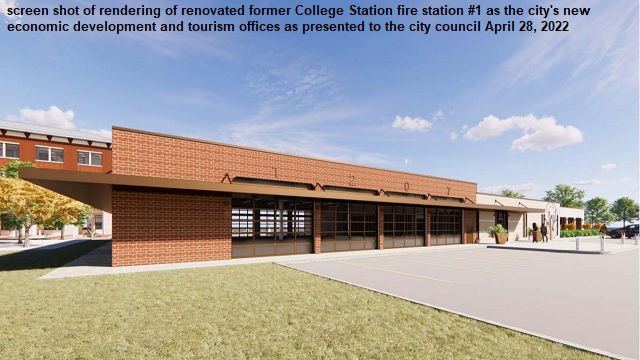 screen shot of rendering of renovated former College Station fire station #1 as the city's new economic development and tourism offices as presented to the city council April 28, 2022.