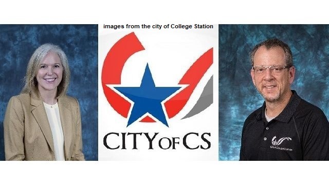 Images from the city of College Station of (L) Carla Robinson, (R) Jay Socol, and (C) the city of College Station Twitter logo.