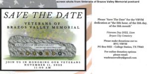 Screen shots from a Veterans of Brazos Valley Memorial postcard.