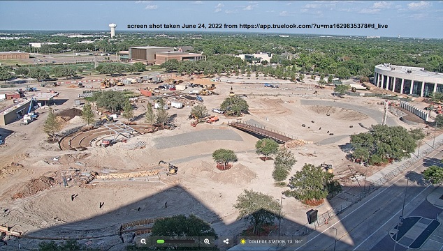 Screen shot of Aggie Park under construction June 24, 2022 from https://app.truelook.com/?u=ma1629835378#tl_live