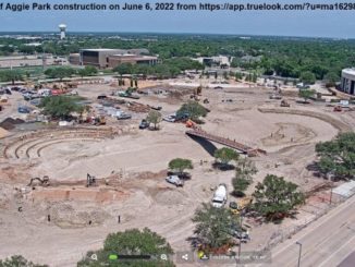 Screen shot from a Kyle Field camera showing the progress of Aggie Park construction on June 6, 2022 from https://app.truelook.com/?u=ma1629835378#tl_live