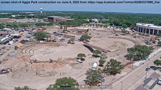 Screen shot from a Kyle Field camera showing the progress of Aggie Park construction on June 6, 2022 from https://app.truelook.com/?u=ma1629835378#tl_live