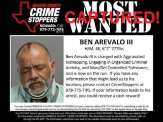 Image from Brazos County Crime Stoppers modified by WTAW News to add the word CAPTURED!