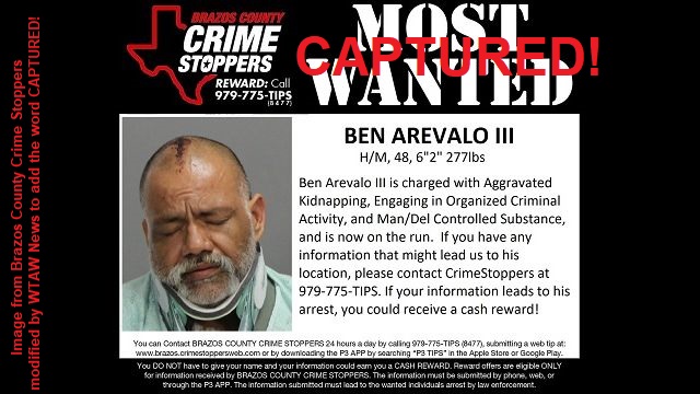 Image from Brazos County Crime Stoppers modified by WTAW News to add the word CAPTURED!