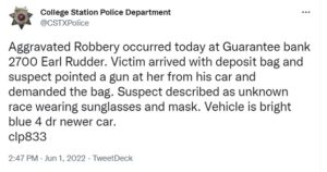 Screen shot from the College Station police department's Twitter account.