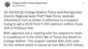 Screen shots from the College Station police department's Twitter account.