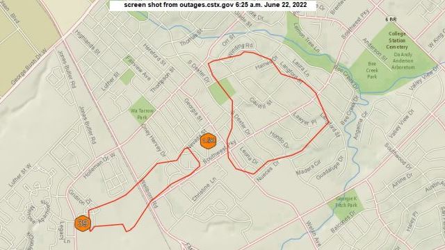 Screen shot from outages.cstx.gov taken June 22, 2022 at 6:25 a.m.