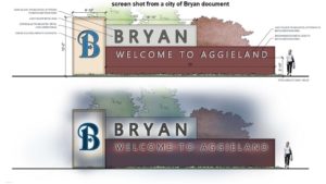Screen shot from a city of Bryan document of architectural rendering of gateway monument signs.