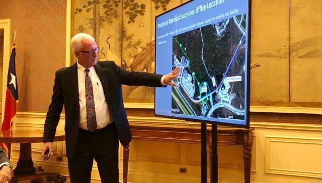 Texas A&M chief operating officer Greg Hartman showing the location of a proposed Brazos County medical examiner's office during a board of regents workshop meeting on August 10, 2022.