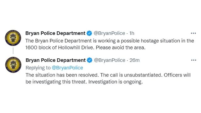 Screen shots from the Bryan police department's Twitter account.