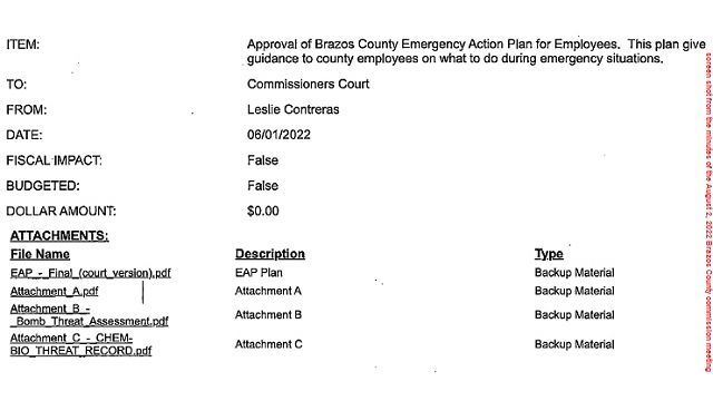 Screen shot from the minutes of the August 2, 2022 Brazos County commission meeting.