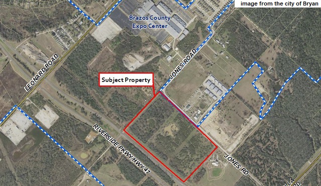Image from the city of Bryan showing the location of rezoned property along Highway 47 near the Brazos County Expo.
