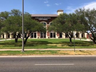 Behind the trees, College Station's new city hall building on July 31, 2022.