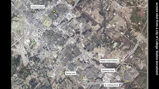 Screen shot from a city of College Station document showing the location of traffic calming street features.