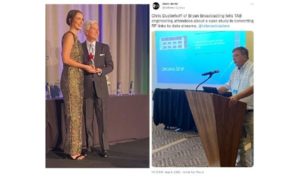 (L) Chelsea Reber receiving the Jason Hightower Award from Texas Association of Broadcasters (TAB) president Oscar Rodriguez and (R) a screen shot from the Radio World Twitter account of Chris Dusterhoff leading a session during the TAB convention.