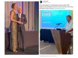 (L) Chelsea Reber receiving the Jason Hightower Award from Texas Association of Broadcasters (TAB) president Oscar Rodriguez and (R) a screen shot from the Radio World Twitter account of Chris Dusterhoff leading a session during the TAB convention.