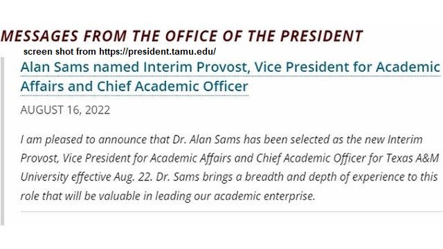 Screen shot from president.tamu.edu