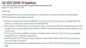 Screen shot from https://covid.tamu.edu/messages/fall-2022-covid-guidelines.html