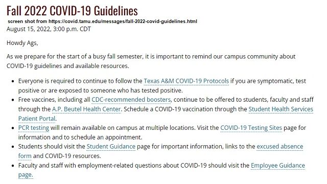 Screen shot from https://covid.tamu.edu/messages/fall-2022-covid-guidelines.html