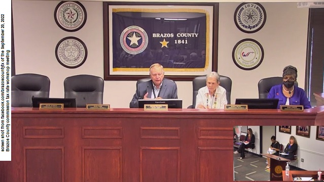 Screen shot from facebook.com/brazoscountytx of the September 20, 2022 Brazos County commission tax rate workshop meeting.