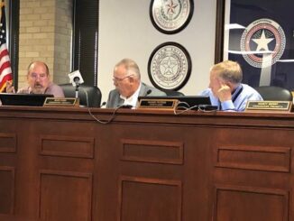 (L-R) Brazos County commissioners Steve Aldrich and Russ Ford and county judge Duane Peters participating in a tax rate workshop on September 26, 2022.