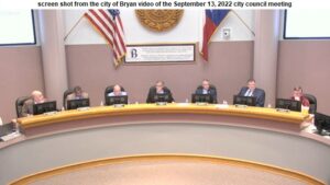 Screen shot from the city of Bryan video of the September 13, 2022 city council meeting.