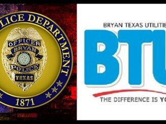 Logos from the Bryan police department and Bryan Texas Utilities (BTU).