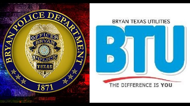 Logos from the Bryan police department and Bryan Texas Utilities (BTU).