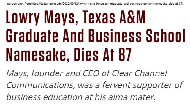 Screen shot from https://today.tamu.edu/2022/09/12/lowry-mays-texas-am-graduate-and-business-school-namesake-dies-at-87/