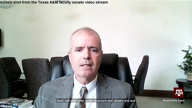 Screen shot of Texas A&M interim provost from the October 17, 2021 Texas A&M faculty senate meeting video at https://youtu.be/NJ2UdG2C2_g