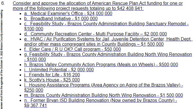 Screen shot from the agenda of the October 11, 2022 Brazos County commission meeting.