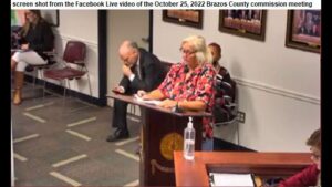 Screen shot of Dixie Bollin from the Facebook Live video of the October 25, 2022 Brazos County commission meeting.
