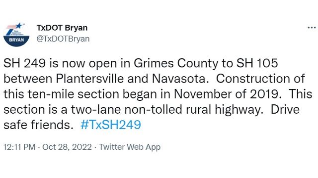 Screen shot from the Bryan TxDOT district office Twitter account.