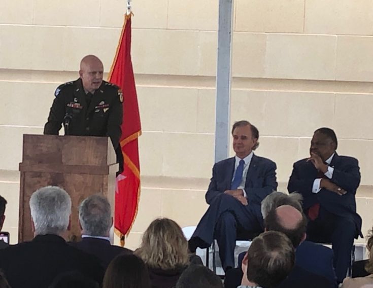 Lt. Gen. Ross Coffman, deputy commanding officer of the Army Futures Command, speaking at the dedication of the Bush Development Combat Complex, November 4, 2022.
