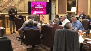 Texas A&M corps of cadets commandant Patrick Michaelis addressing the A&M system board of regents on November 11, 2022.