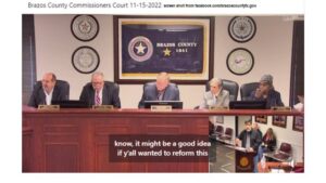 Screen shot from the Facebook Live video of the November 15, 2022 Brazos County commission meeting.